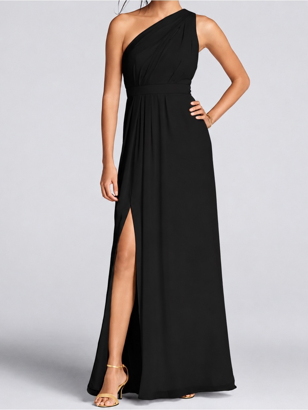 One-Shoulder Black Evening Gown with High Slit NWT Size 14 David’s Bridal